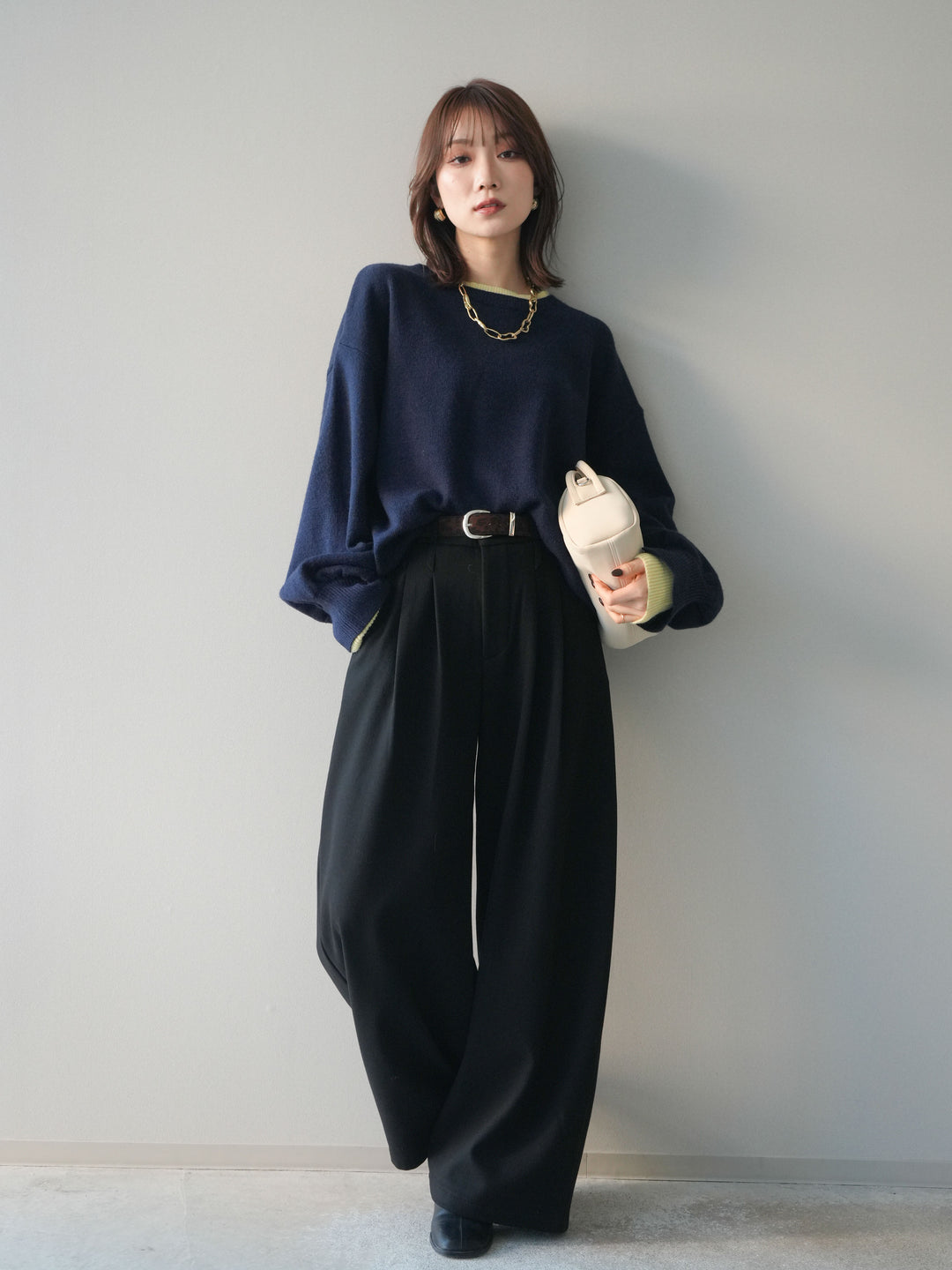 [予約]アニマル柄ベルト付きウールタッチワイドパンツ/black