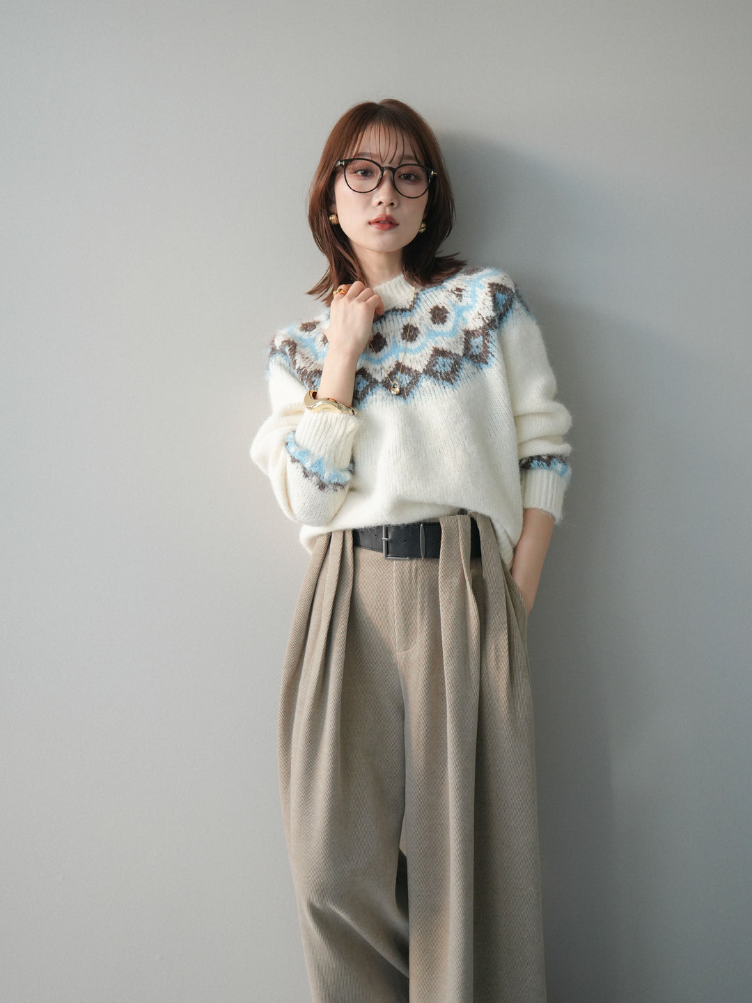 [SET]ソフトタッチ求心柄ニットプルオーバー+ベルトデザインループコールテンワイドパンツ(ベルト付き)(2set)