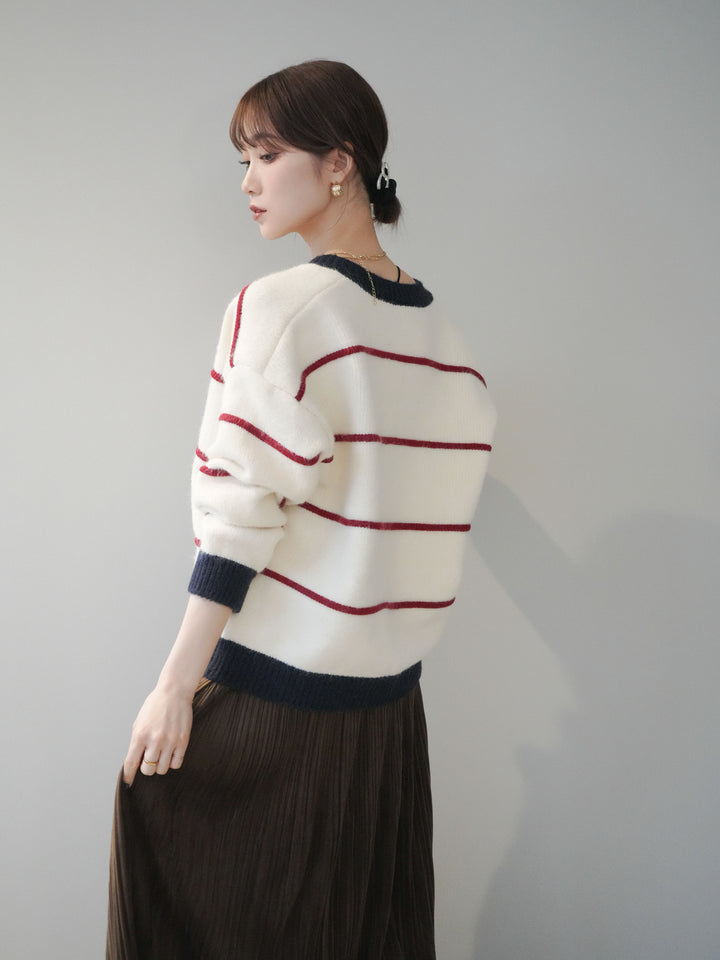 [予約]配色ボーダーニットカーディガン/red