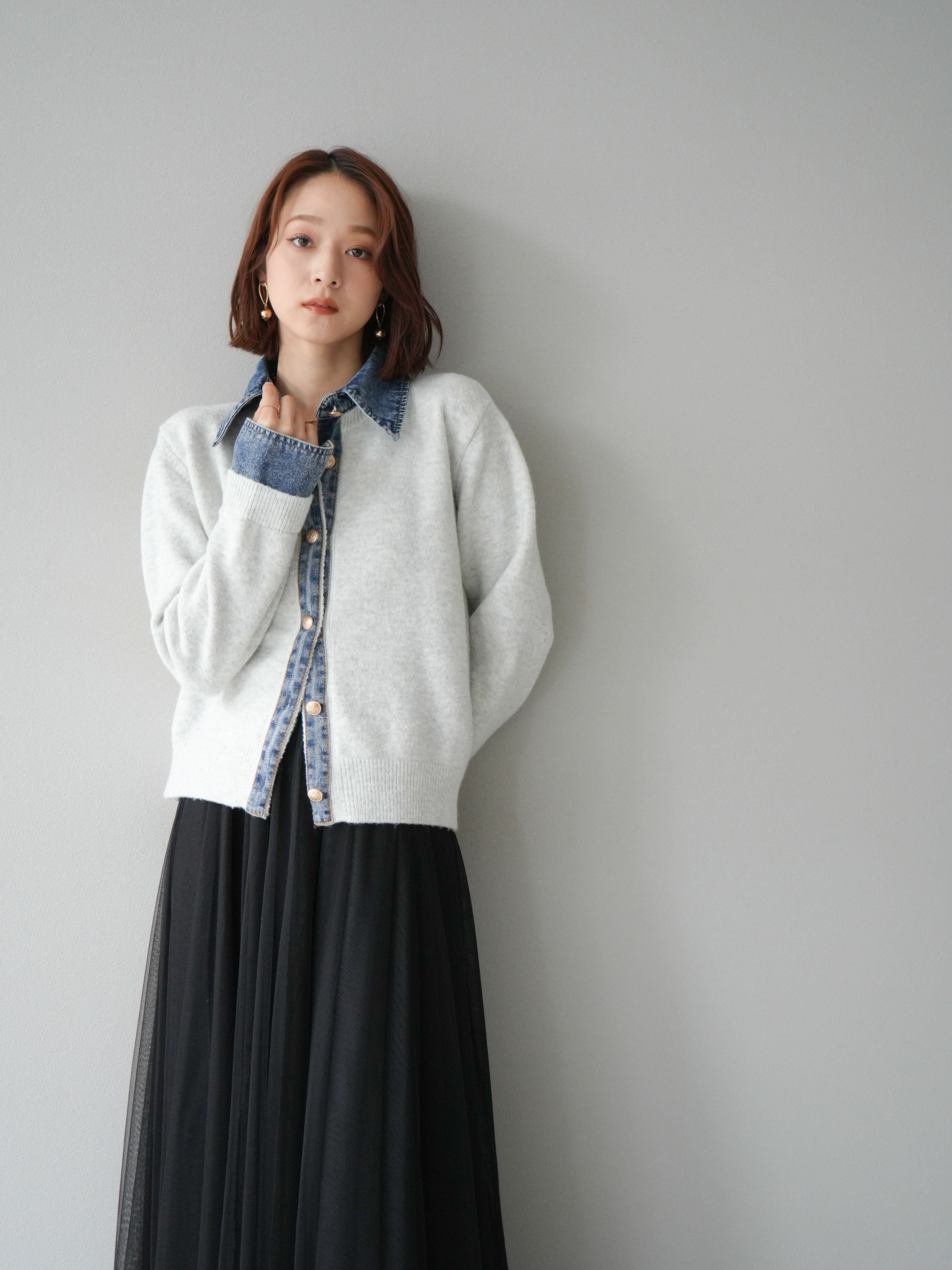 SET]デニム襟ボタンニットカーディガン+チュールボリュームスカート