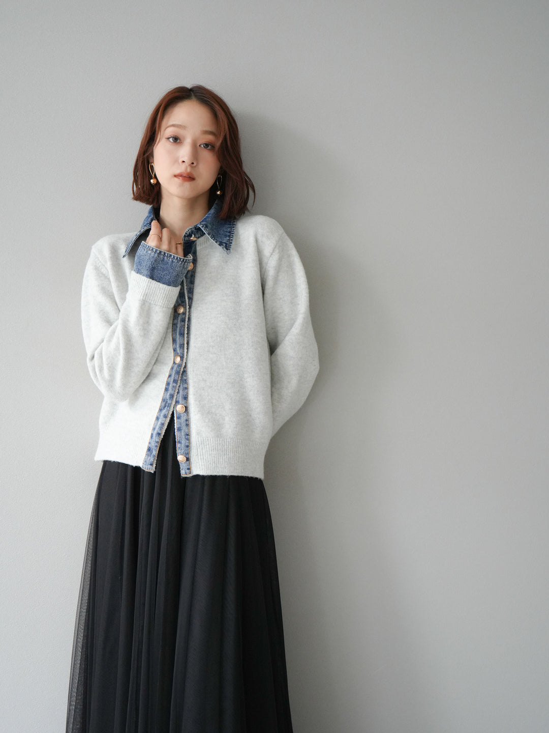 [SET]デニム襟ボタンニットカーディガン+チュールボリュームスカート(2set)