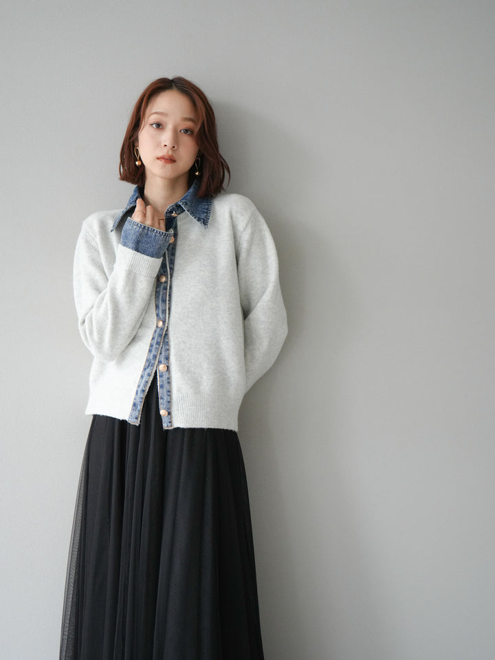 [SET]デニム襟ボタンニットカーディガン+チュールボリュームスカート(2set)