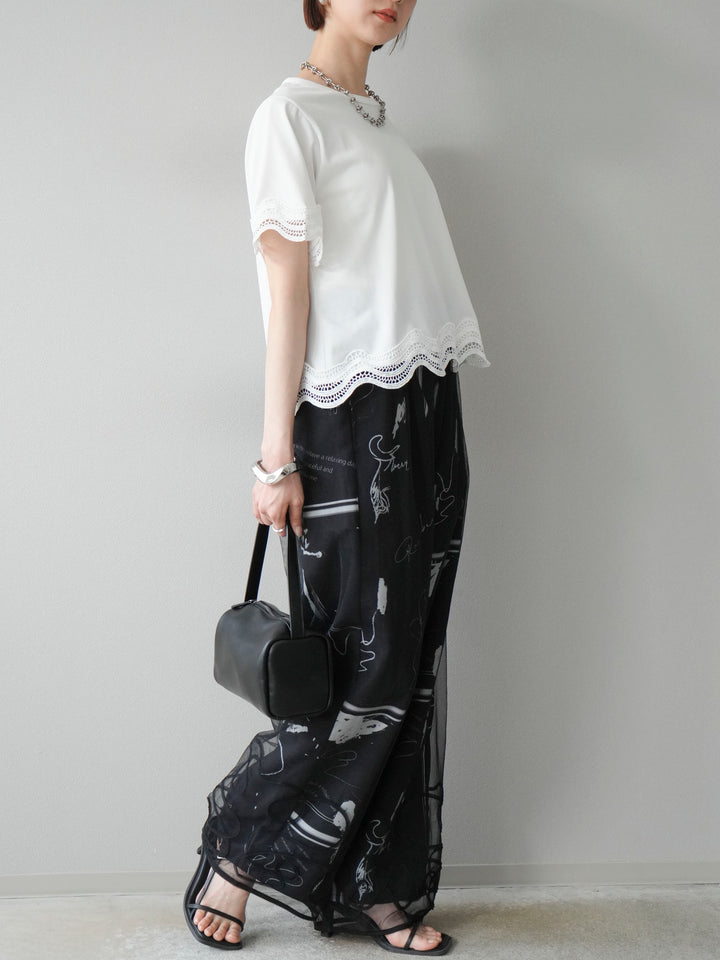 [SET]コード刺繍チュールレイヤードパンツ+ペイント柄タックパンツ(2set)