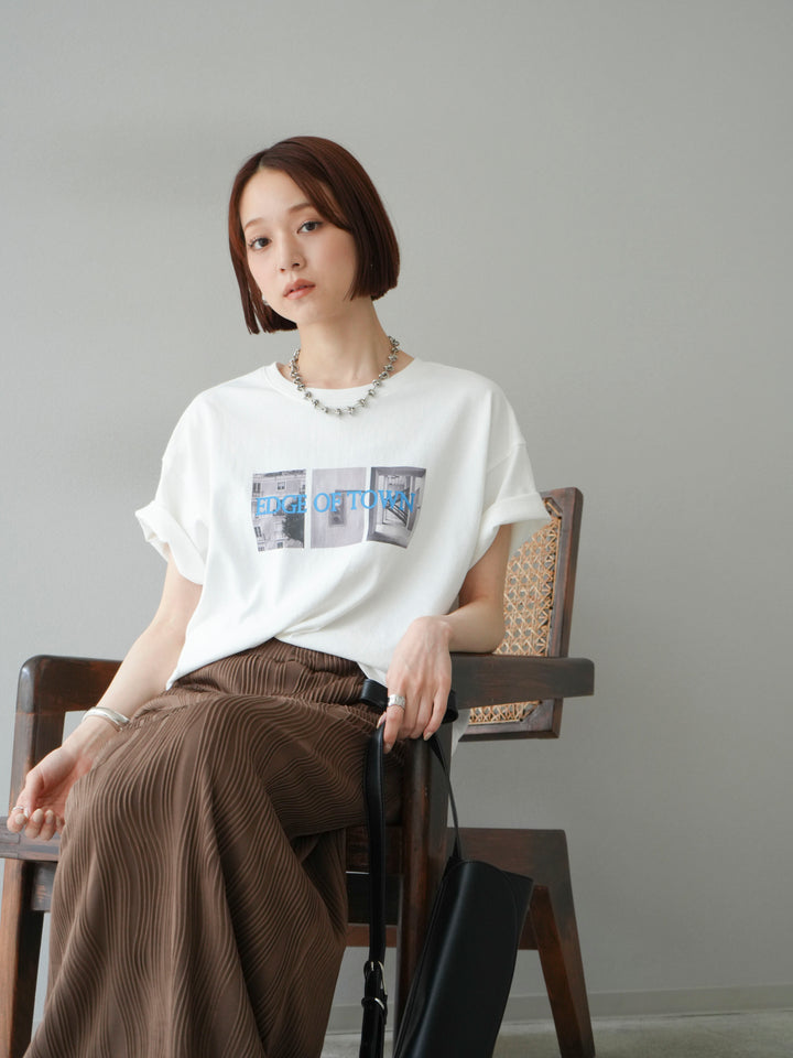[SET]ネオンロゴコラージュフォトプリントオーバーTシャツ+ウェーブパイピングタイトスカート(2set)