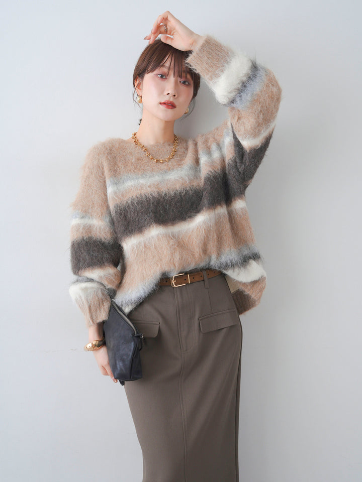 [SET]カラフルボーダーシャギーニットプルオーバー+クレープデシンフラップ付きストレートスカート(2set)