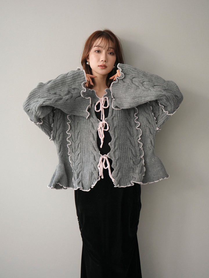 [SET]フロントリボン配色メローニットカーディガン+ギャザーベロアスカート(2set)