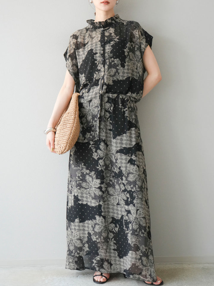 [予約]フラワーパターンフレアスカート/ブラック