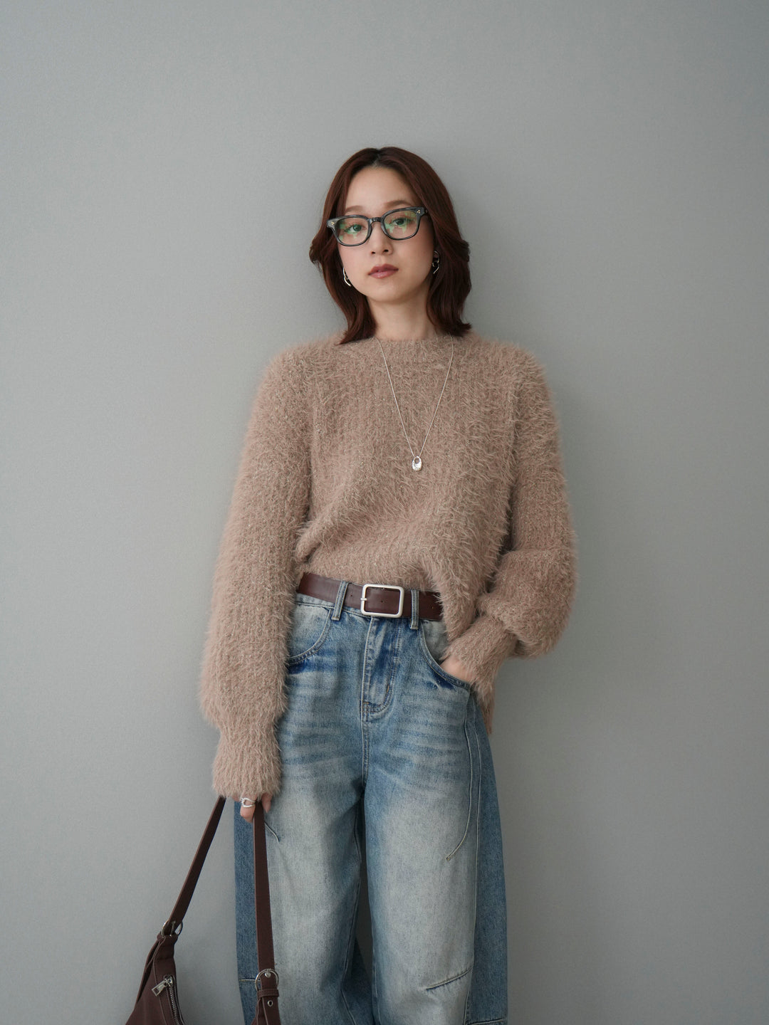 [SET]ボリュームスリーブシャギー MIXニットプルオーバー+ベルト付カーブデニムパンツ(2set)