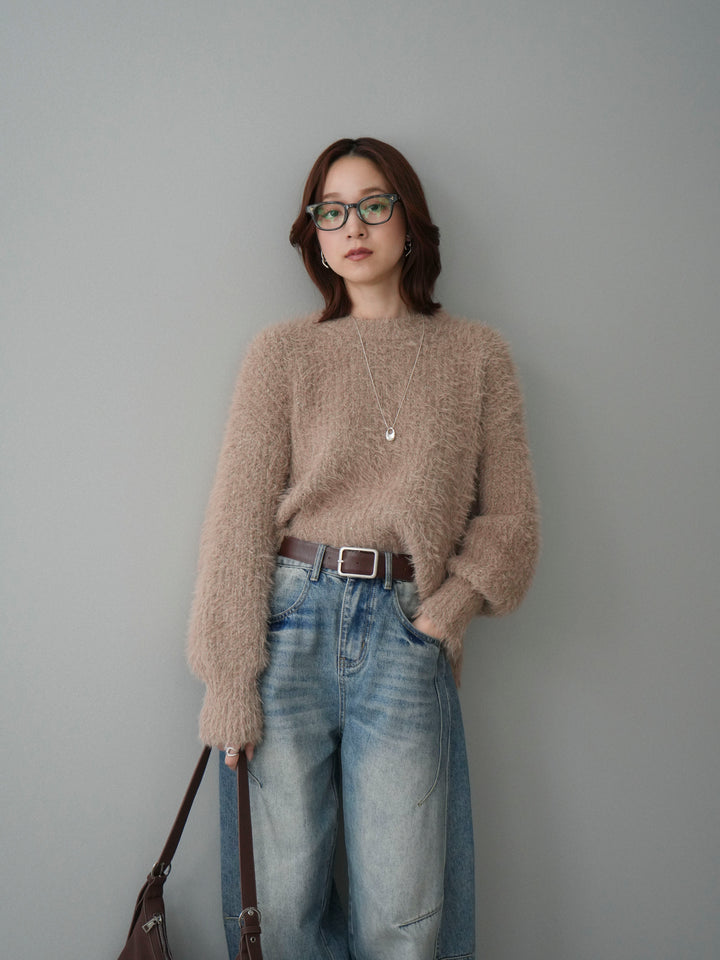 [SET]ボリュームスリーブシャギー MIXニットプルオーバー+ベルト付カーブデニムパンツ(2set)