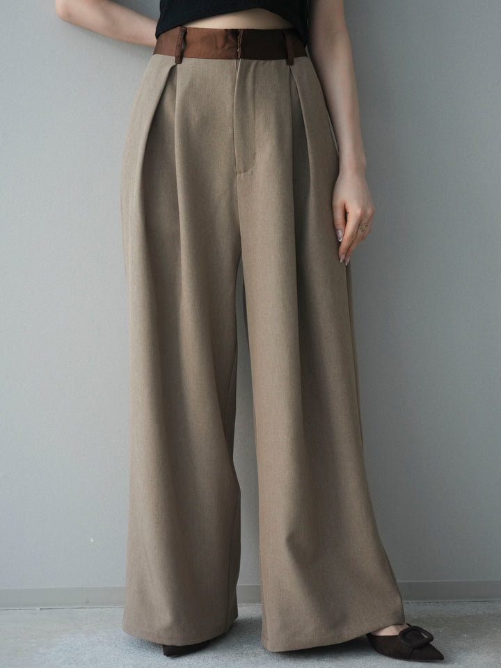 [予約]サテンベルトタックワイドパンツ/beige