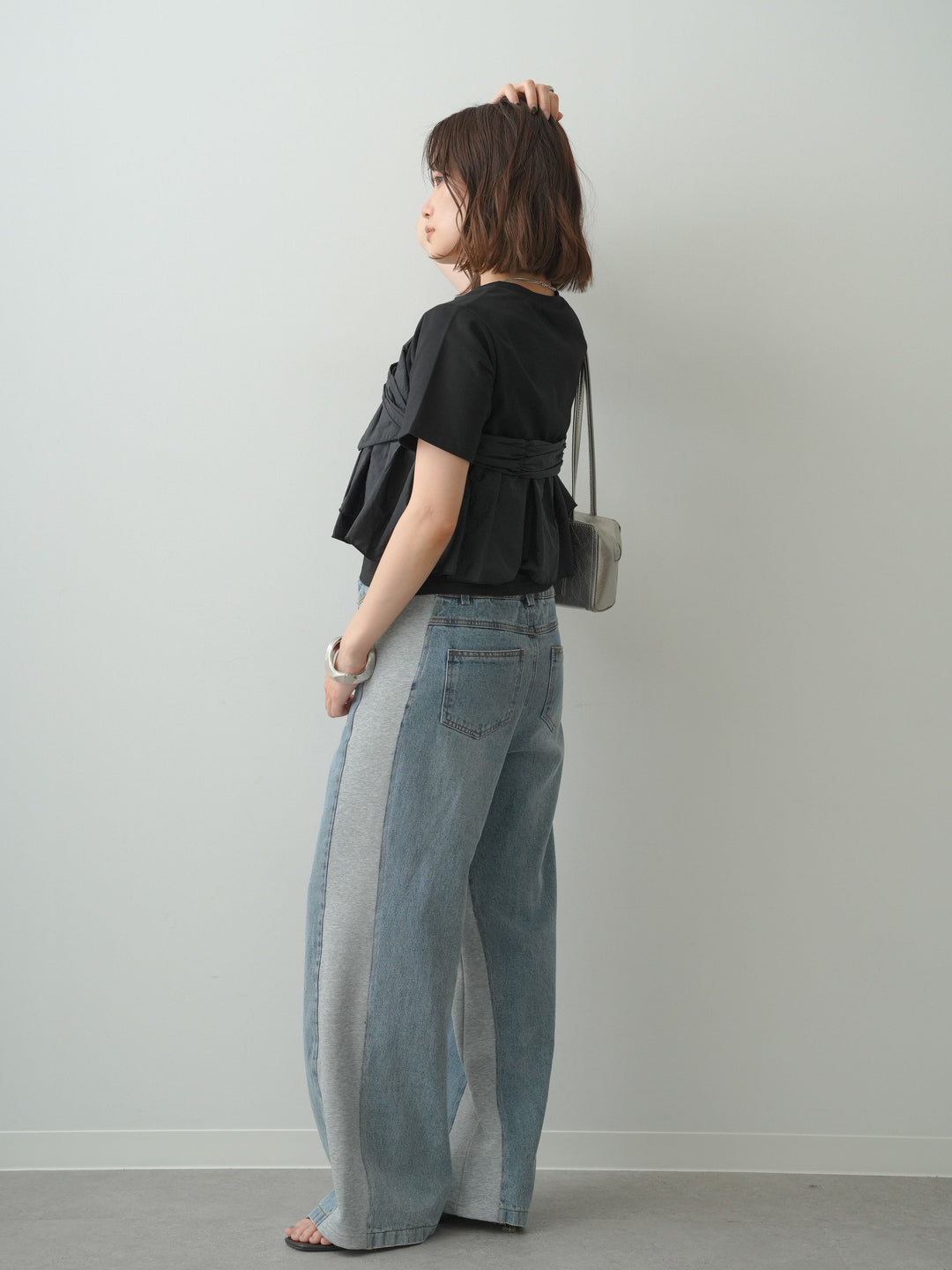[SET]ナイロンドッキングツイストTEE +デニム切替スウェットパンツ(2set)