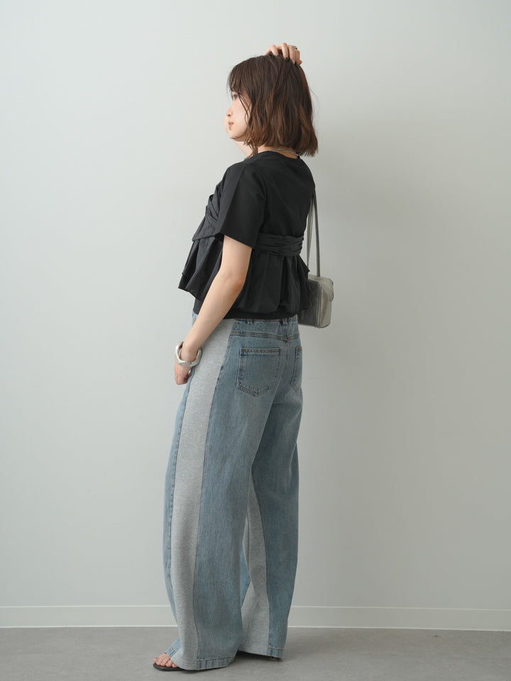 [SET]ナイロンドッキングツイストTEE +デニム切替スウェットパンツ(2set)