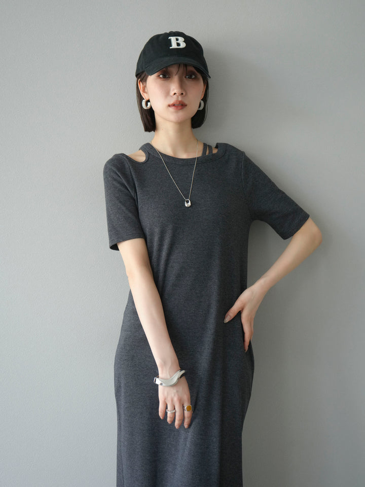 [予約]デザインネックカットリブワンピース/チャコール