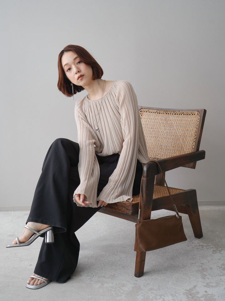 [SET]プリーツシアーフレアスリーブニットトップス+ベルト付キーホルダーモチーフワイドパンツ(2set)