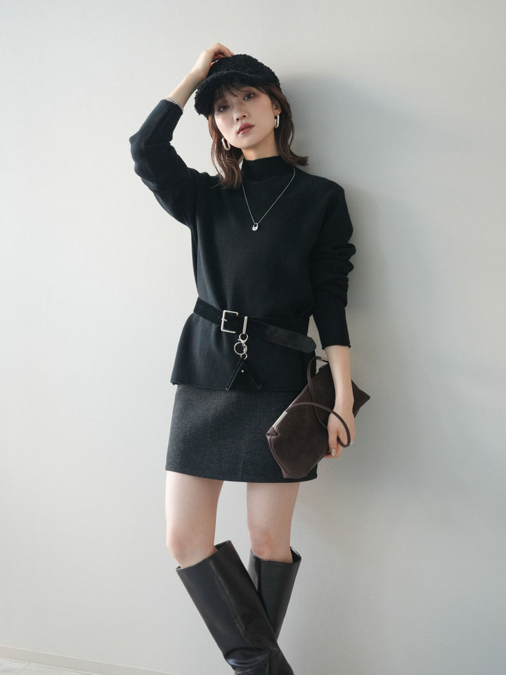 [予約]ボトルネック裾カールリブニットトップス/black