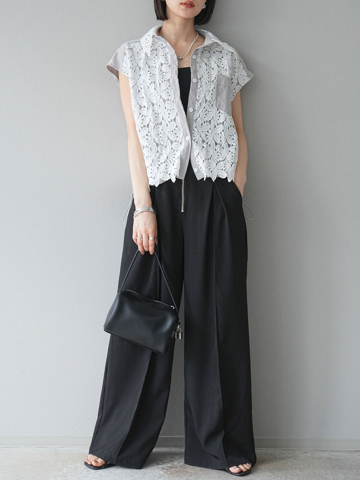 [予約]レースレイヤードドロストシャツ/グレー