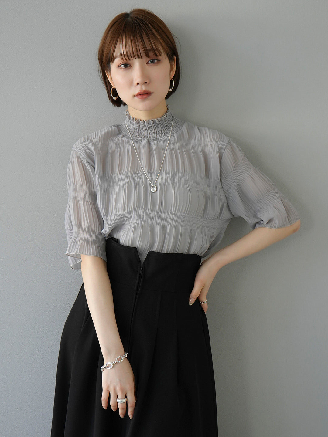 [SET] Shirring chiffon half sleeve blouse + 2WAY flare jumper skirt (2set)