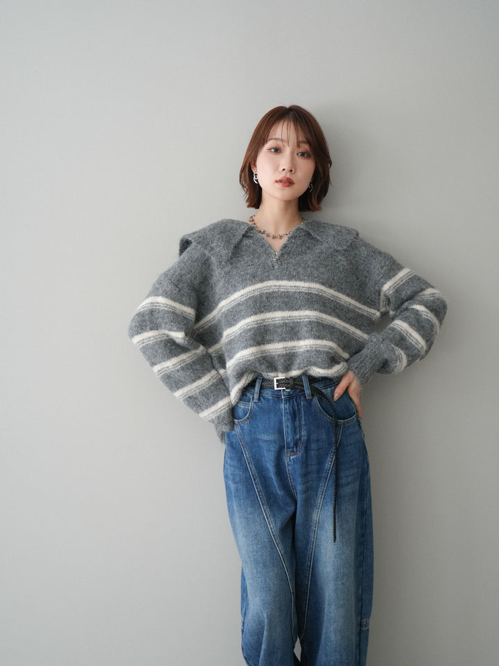 [SET]ハーフジップボーダーニットプルオーバー+裏起毛加工デニムカーブパンツ(2set)