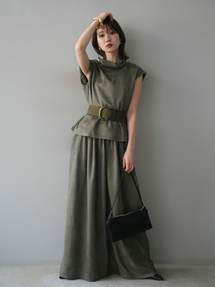 [SET]ベルト付スエードハイネックプルオーバー＆ワイドパンツSET UP