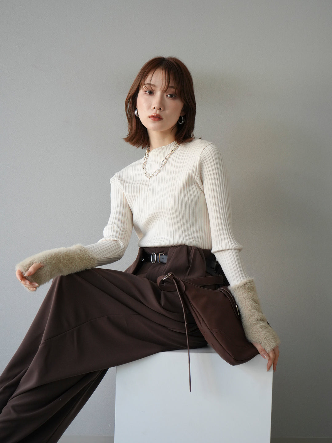 [予約]アームシャギーランダムリブニットトップス/アイボリー