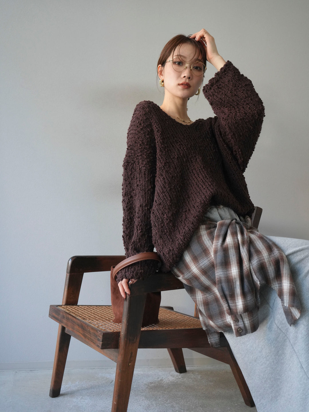 [予約]メランジポコポコニットプルオーバー/brown