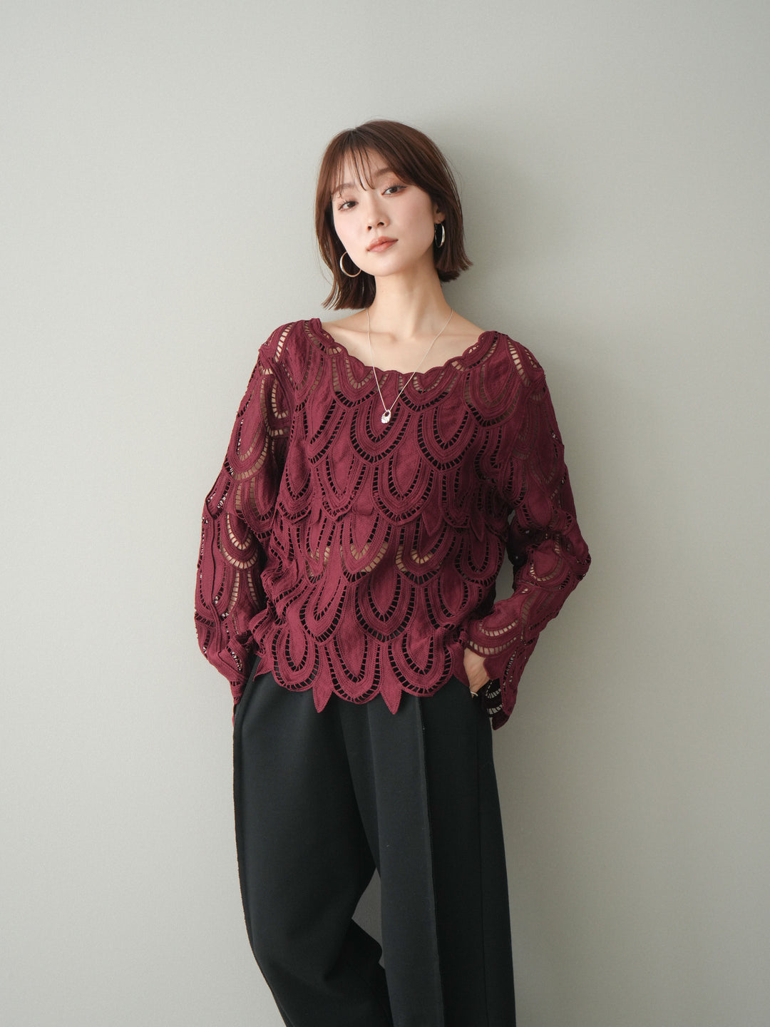 [予約]透かしコードレースブラウス/bordeaux