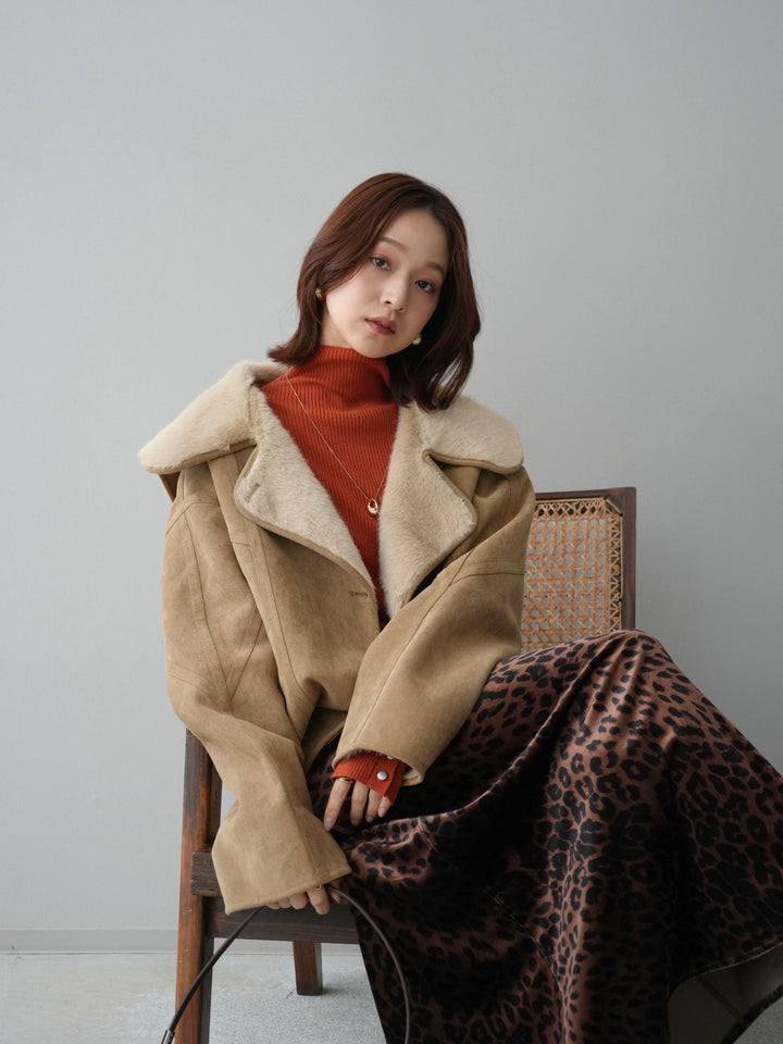[SET]ムートンショートジャケット+袖ボタンボトルネックリブニットトップス+レオパードベロアナロースカート(3set)