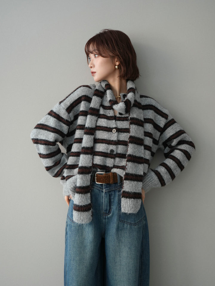 [SET]ボウタイ付きボーダーニットプルオーバー+ベルト付裏起毛カーブデニムパンツ(2set)