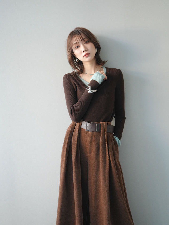 [予約]Uネック配色レイヤードリブニットトップス/brown