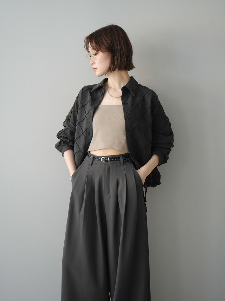 [SET]パイピングクロスデザインブラウス+編み込みベルト付タックワイドパンツ(2set)