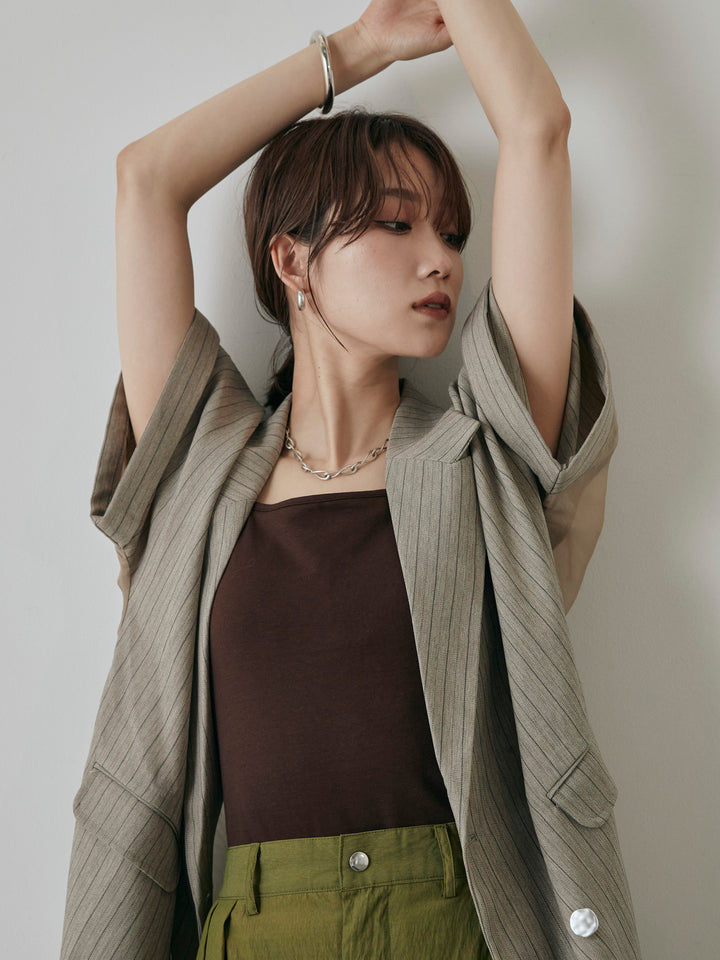 [予約]バックオーガンジーヘリンボーンストライプハーフジャケット/グレージュ