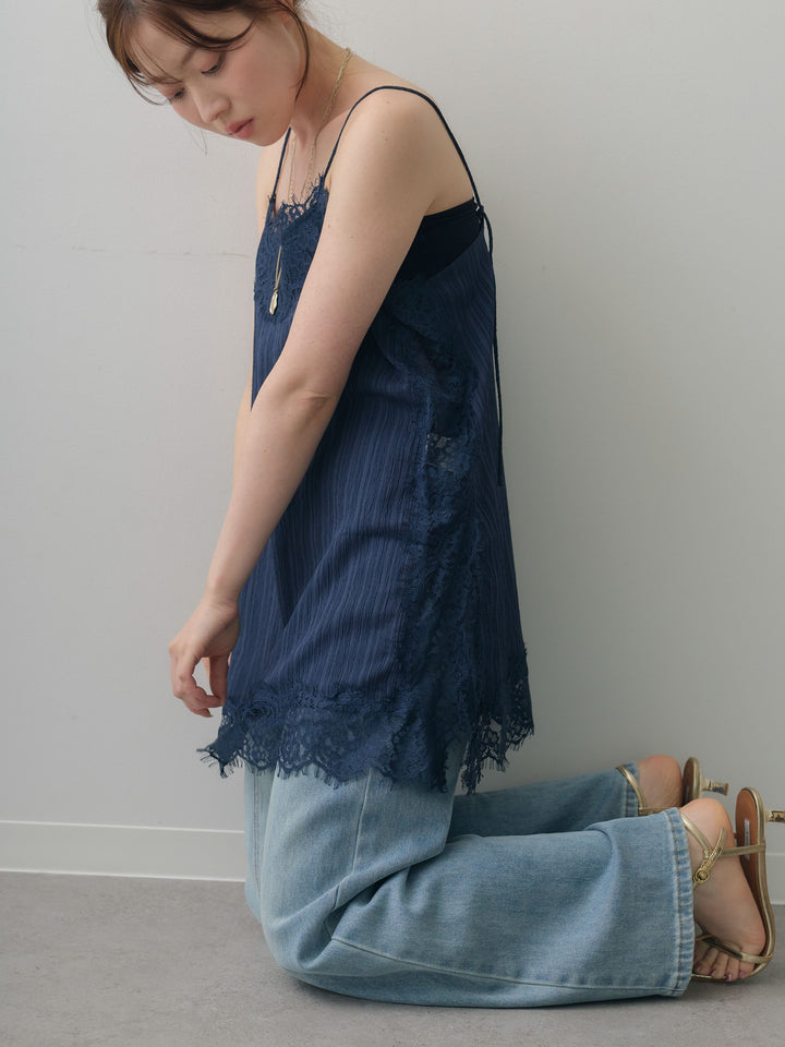 [予約]ワッシャーテクスチャーレーストリムキャミソール/navy