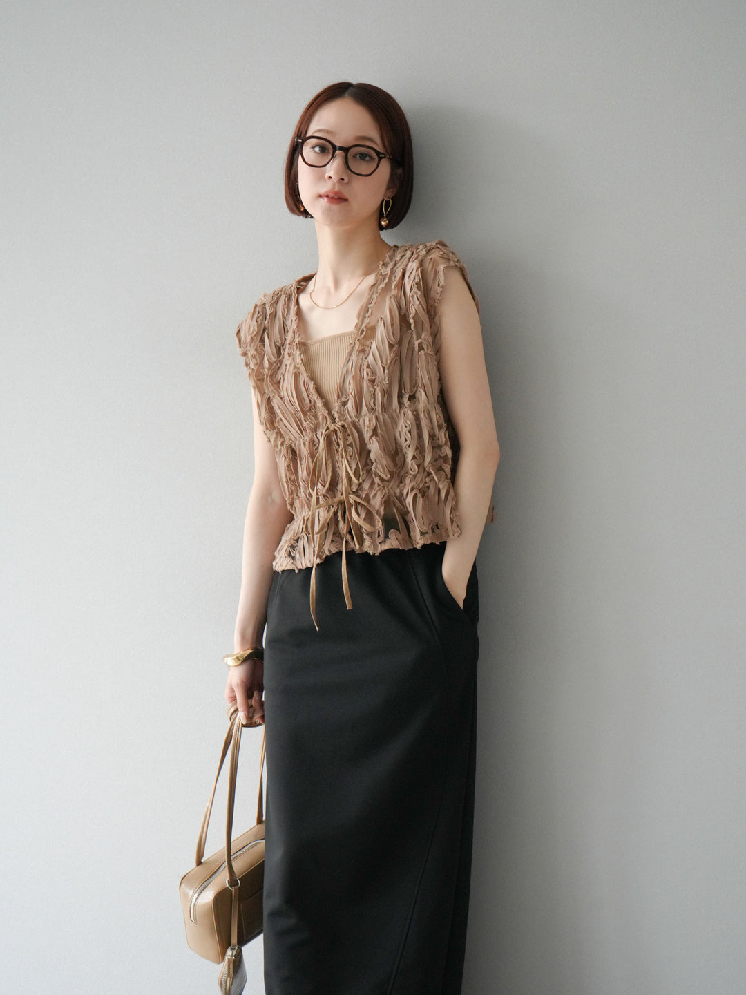 [予約]ジャガードレースリボントップス/ベージュ