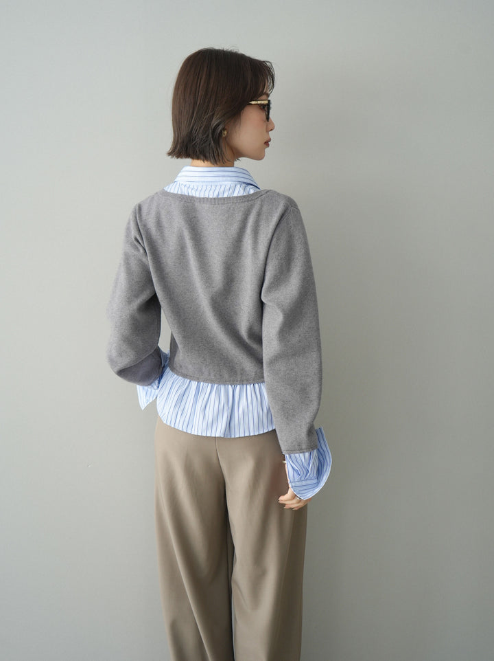 [予約]ストライプシャツUネックドッキングニットプルオーバー/graybluestripeA