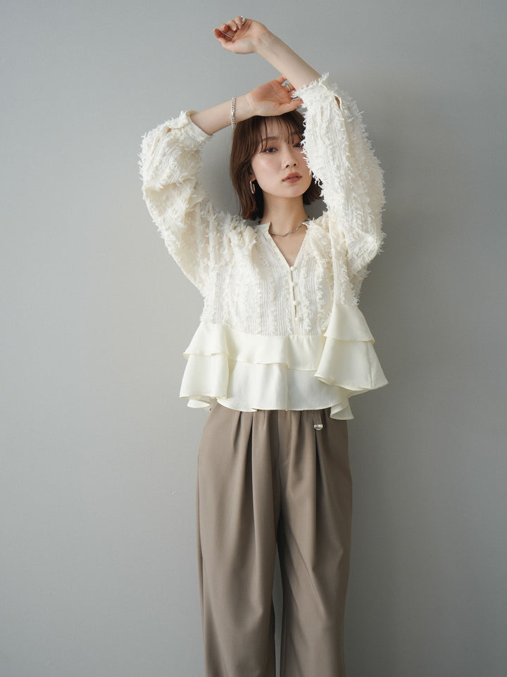 [SET]ジャガードぺプラムフリルブラウス+選べるアクセセット(2set)