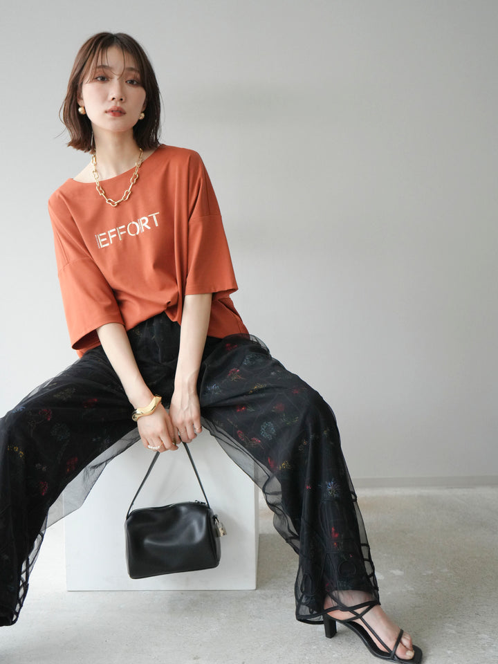 [予約]異素材メタリックロゴ刺繍×プリントTシャツ/オレンジ