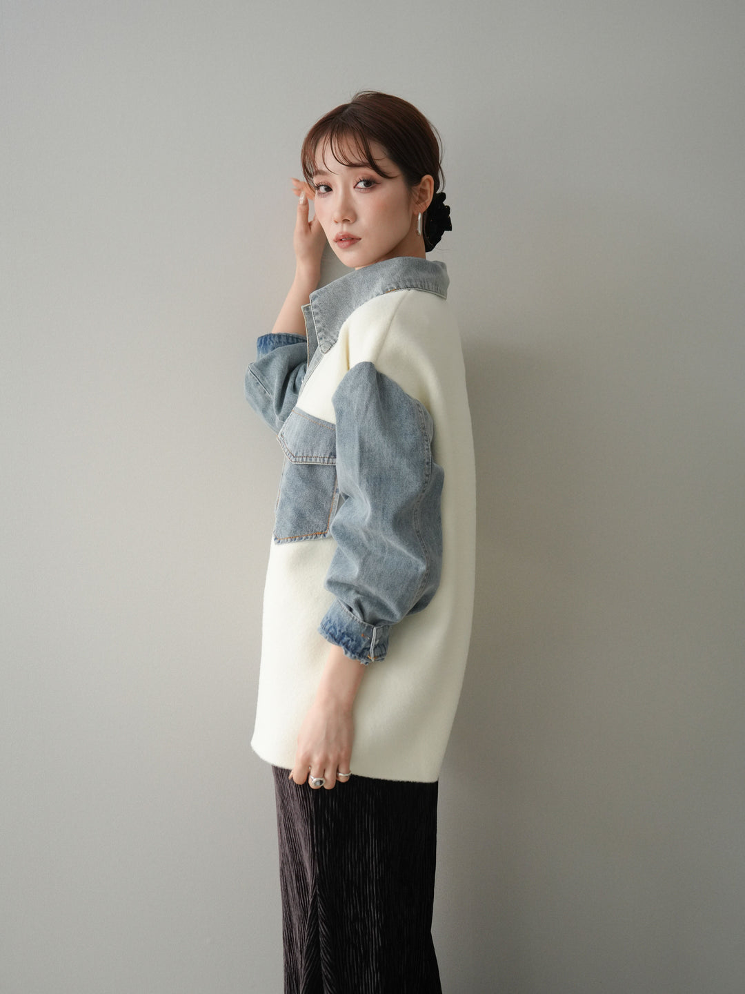 [予約]デニム襟ダブルフェイスニットカーディガン/white