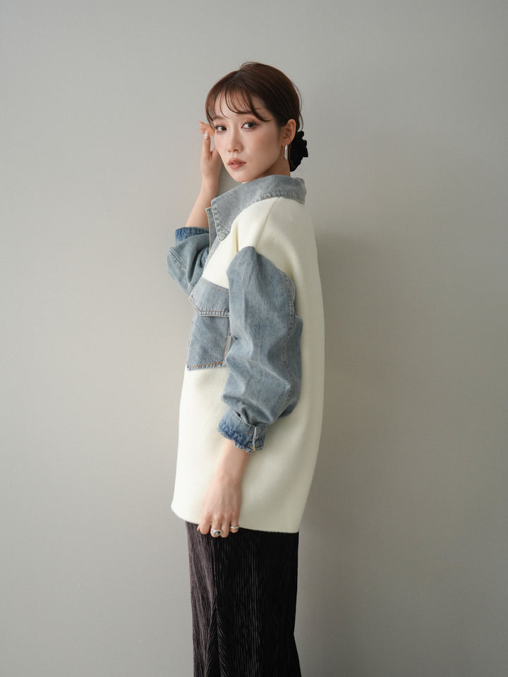 [予約]デニム襟ダブルフェイスニットカーディガン/white