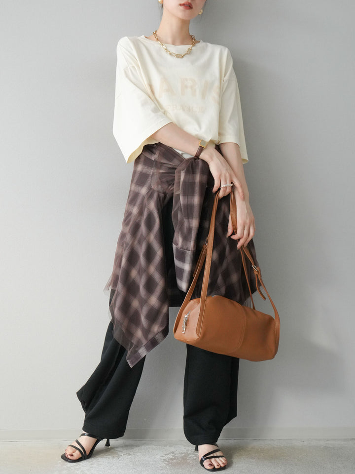 [SET]ピグメントロゴプリントTシャツ+2WAYデザインスウェットパンツ+チュールドッキングチェック柄オーバーサイズシャツ(3set)