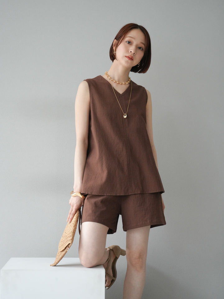 [SET] 仿亞麻V領上衣&amp;短褲套裝 + 仿亞麻V領上衣&amp;短褲套裝 (2set)