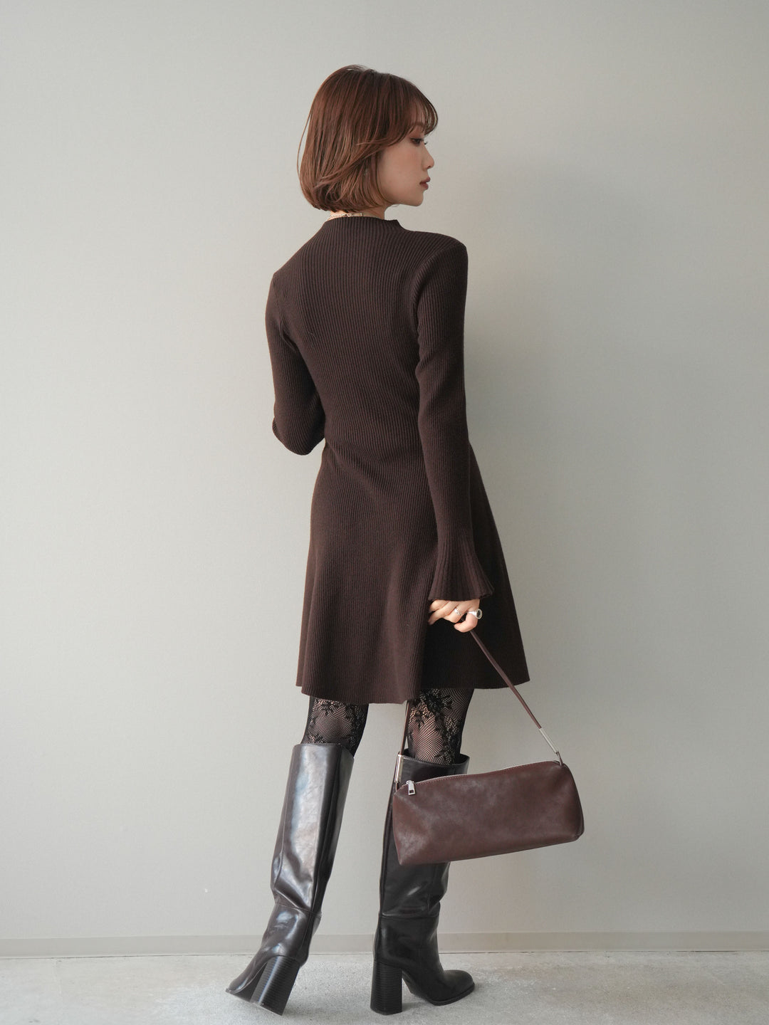 [予約]フレアリブニットミニワンピース/brown