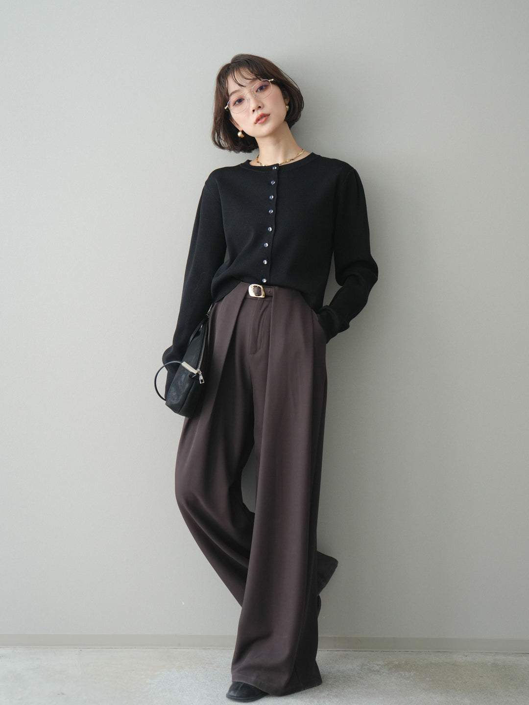 [SET]クリアボタンタックニットカーディガン+ベルトループデザインワイドパンツ(2set)