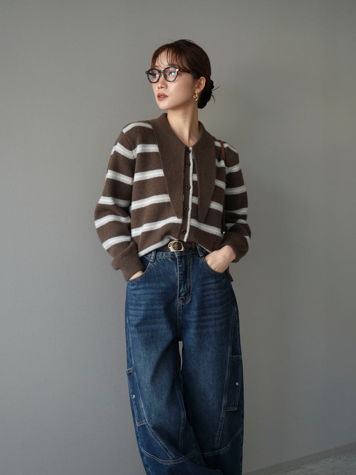 [予約]ボウタイボーダーニットカーディガン/brown