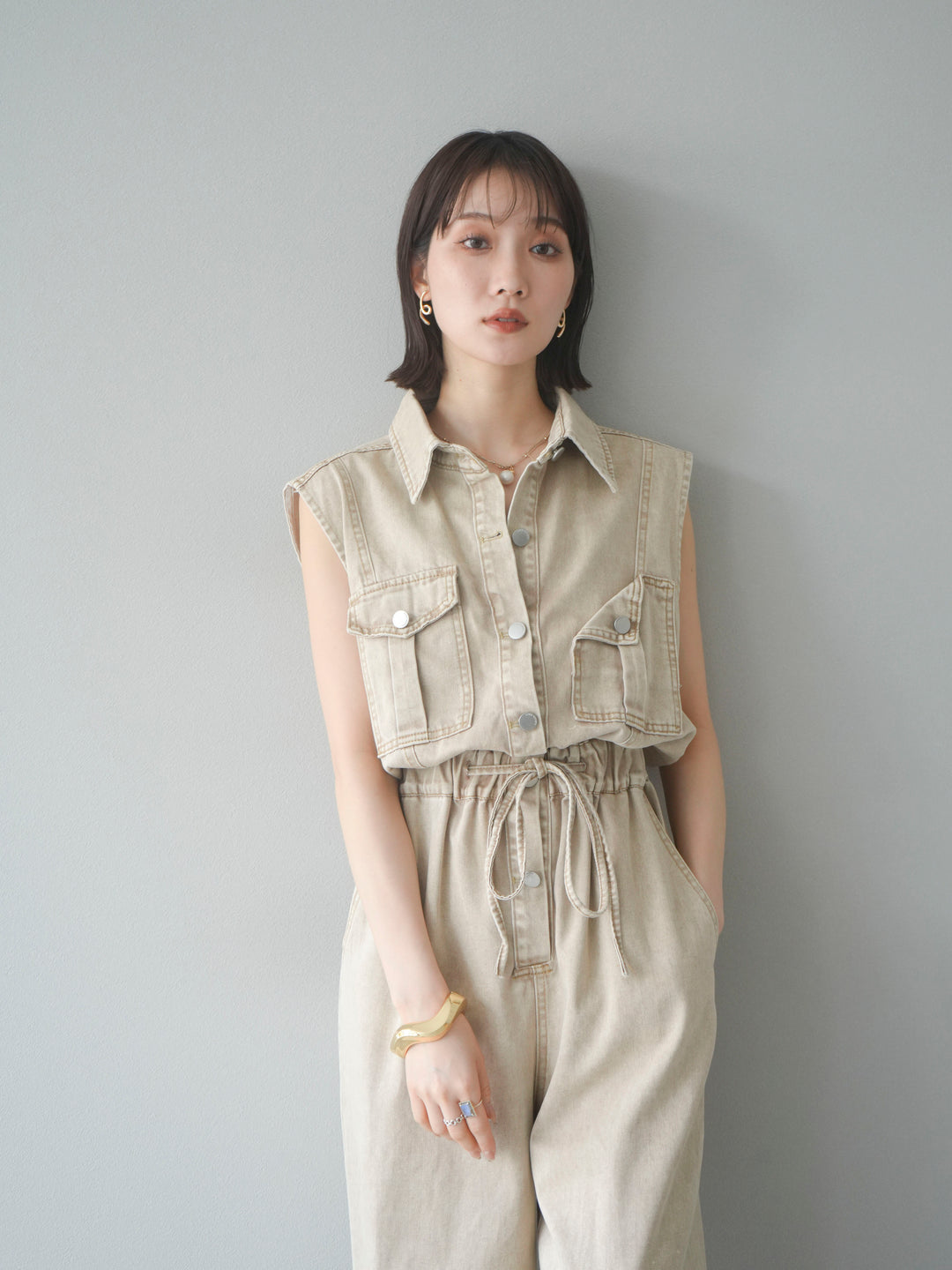 [予約]ポケットデザインデニムオールインワン/キャメル