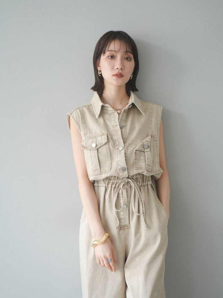 [予約]ポケットデザインデニムオールインワン/キャメル