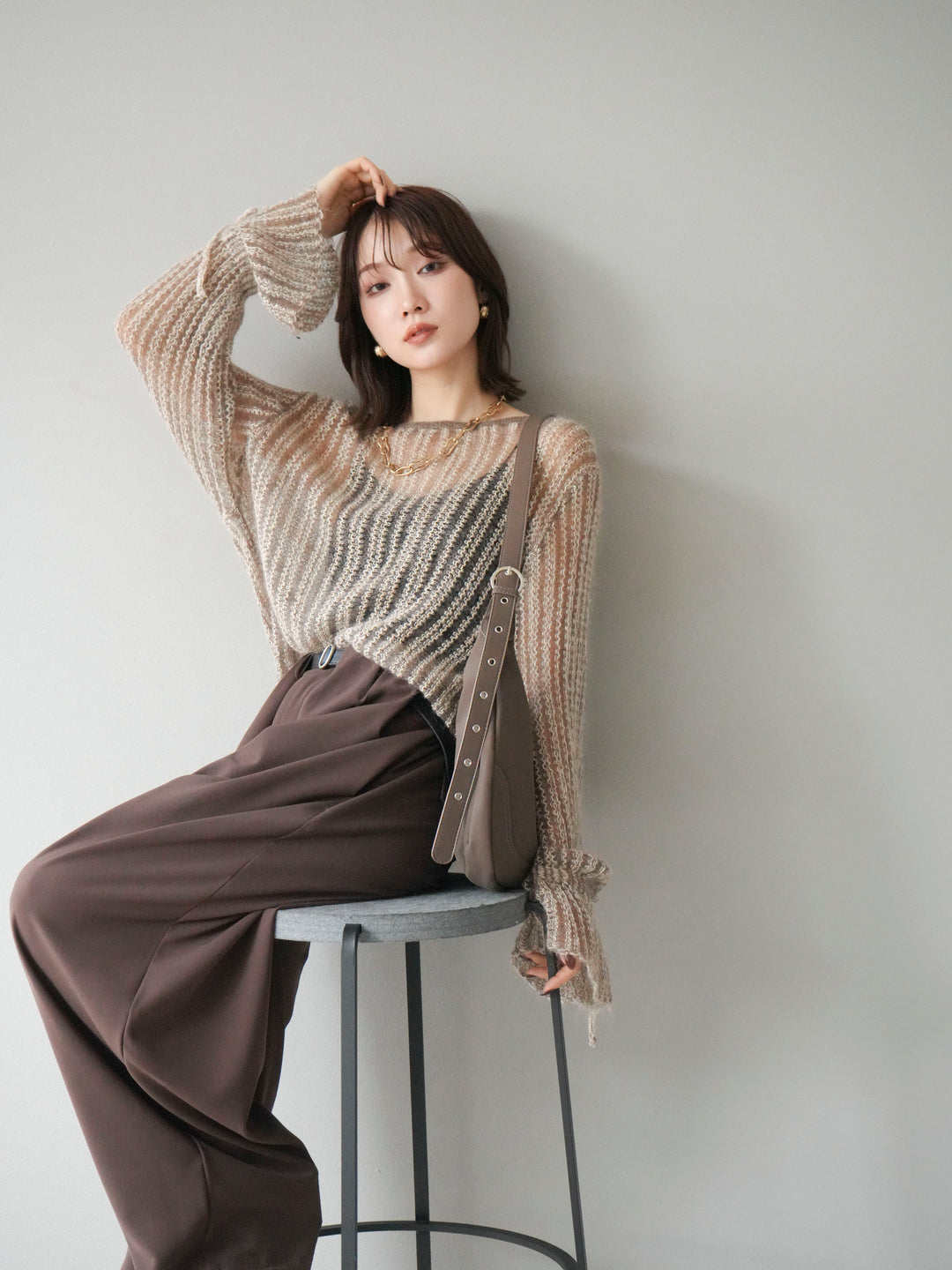 [予約]ストライプメッシュニットプルオーバー/ベージュ