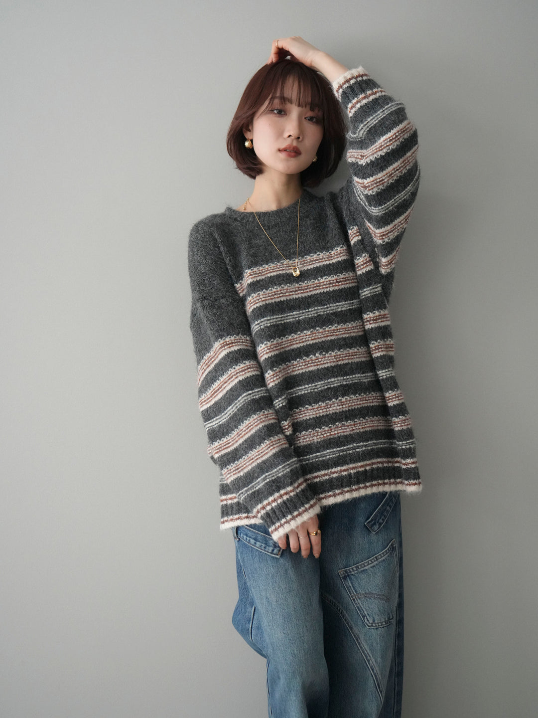 [予約]ステッチボーダーニットプルオーバー/gray