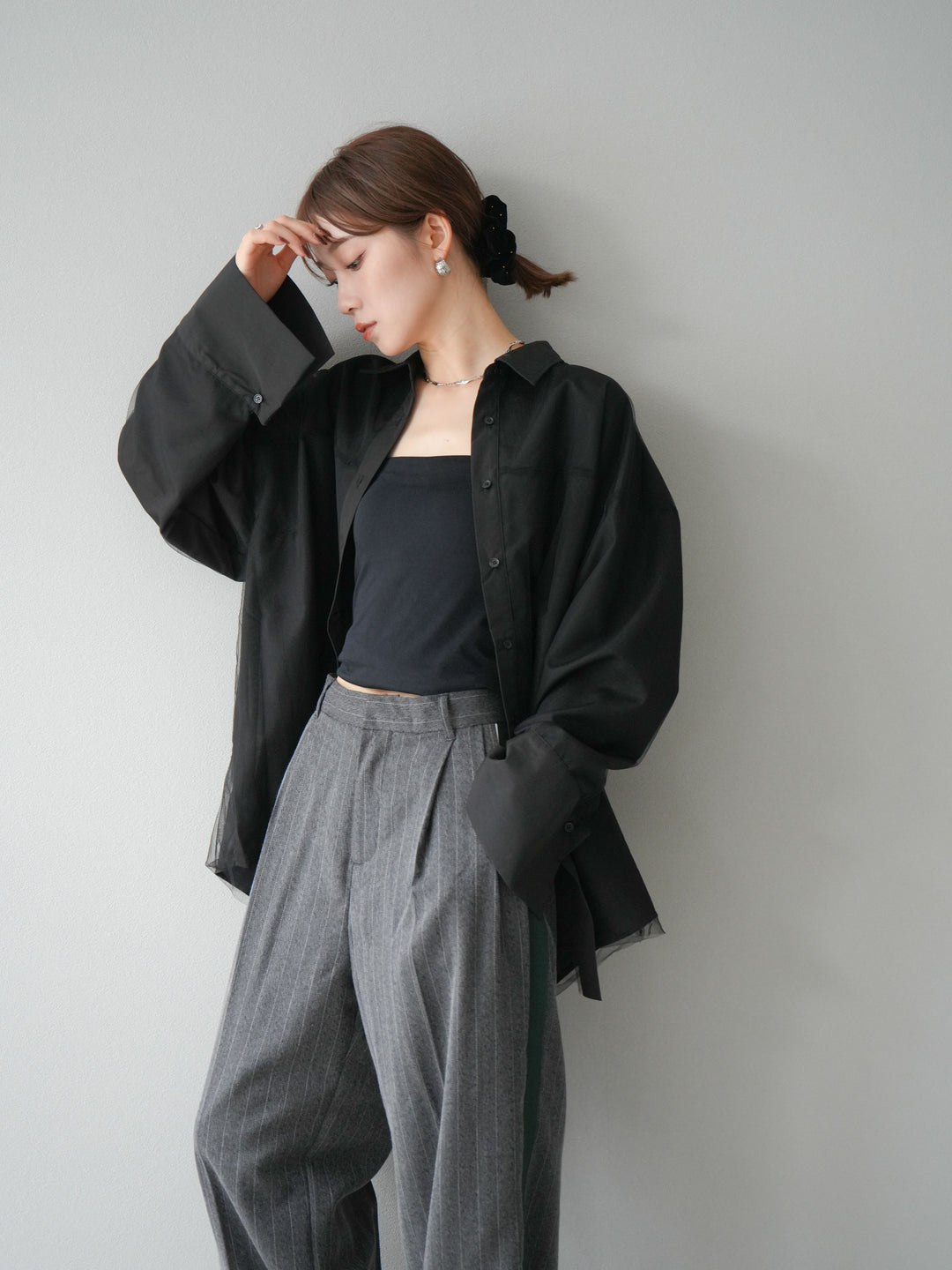 [予約]サイドラインストライプワイドパンツ/チャコール