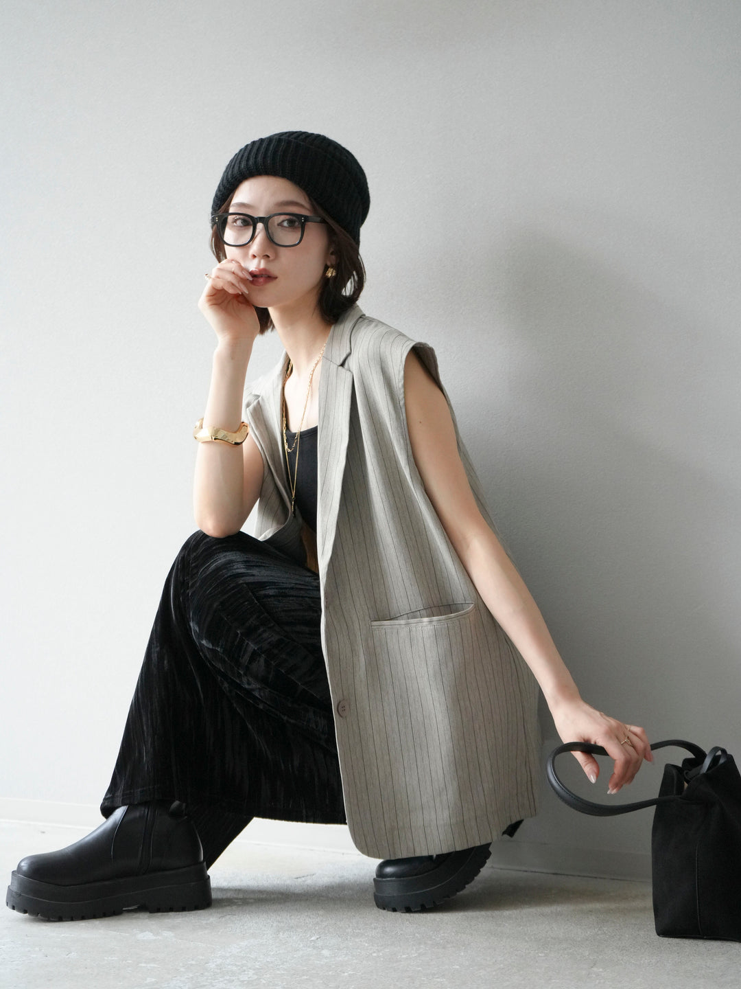 [予約]ヘリンボーンストライプジレ/グレージュ