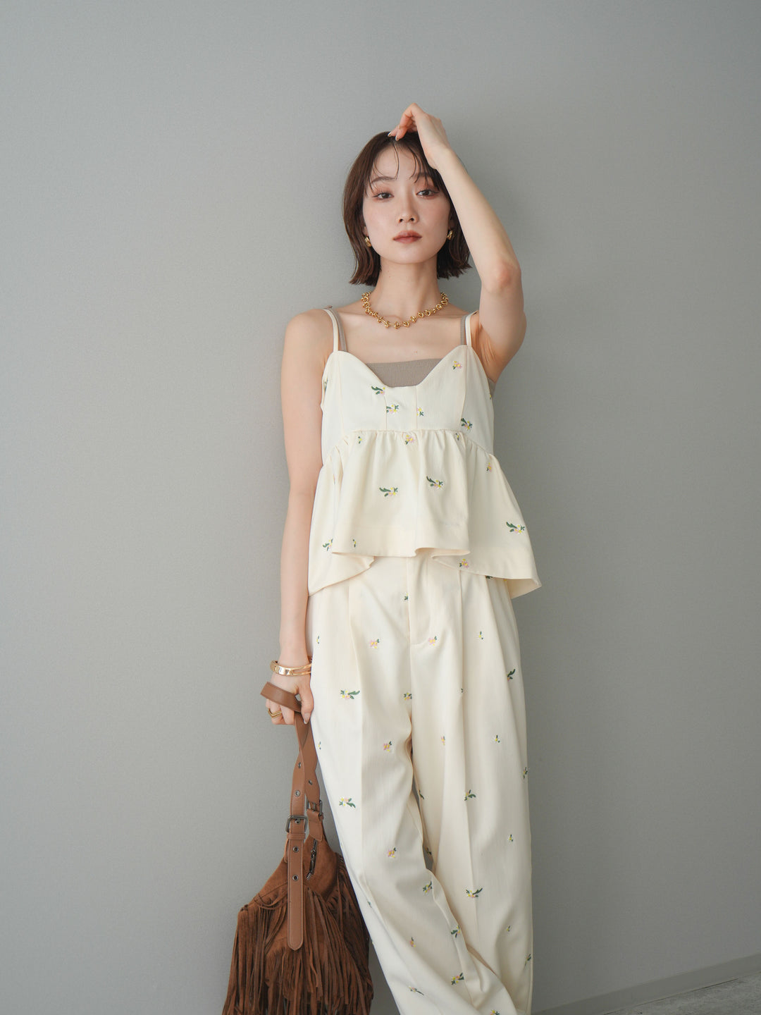 [SET]フラワー刺繍ビスチェ+フラワー刺繍タックパンツ(2set)